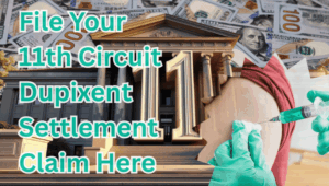 File Your 11th Circuit Dupixent Settlement Claim Here text on depiction of Eleventh Circuit court with syringe arm injection and high value cash backdrop.