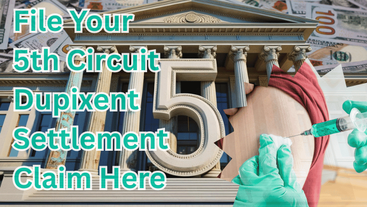 File Your 5th Circuit Dupixent Settlement Claim Here text on depiction of Fifth Circuit court with syringe arm injection and high value cash backdrop.