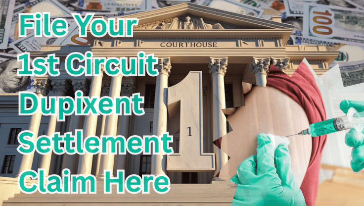 File Your 1st Circuit Dupixent Settlement Claim Here text on depiction of First Circuit court with syringe arm injection and high value cash backdrop.