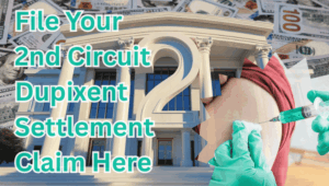File Your 2nd Circuit Dupixent Settlement Claim Here text on depiction of Second Circuit court with syringe arm injection and high value cash backdrop.