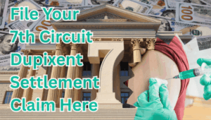 File Your 7th Circuit Dupixent Settlement Claim Here text on depiction of Seventh Circuit court with syringe arm injection and high value cash backdrop.
