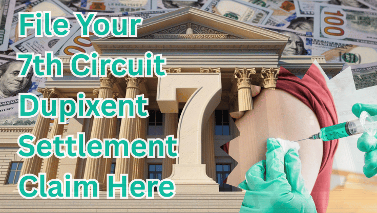 File Your 7th Circuit Dupixent Settlement Claim Here text on depiction of Seventh Circuit court with syringe arm injection and high value cash backdrop.