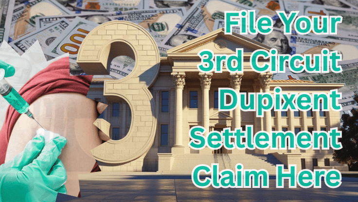 File Your 3rd Circuit Dupixent Settlement Claim Here text on depiction of Third Circuit court with syringe arm injection and high value cash backdrop.