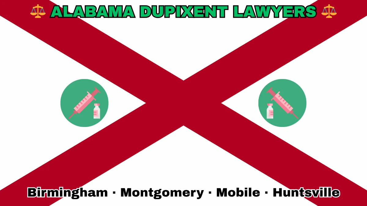 ALABAMA DUPIXENT LAWYERS: Birmingham, Montgomery, Mobile, and Huntsville text on AL state flag adorned with a syringe and medical jar depicted near a red St. Andrew's cross on a white background.