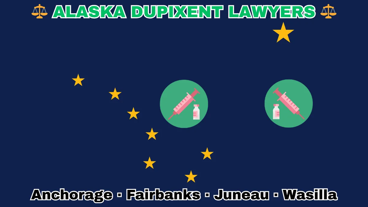 ALASKA DUPIXENT LAWYERS: Anchorage, Fairbanks, Juneau, and Wasilla text on AK state flag adorned with a syringe and medical jar depicted on a blue field near the Big Dipper and North Star.