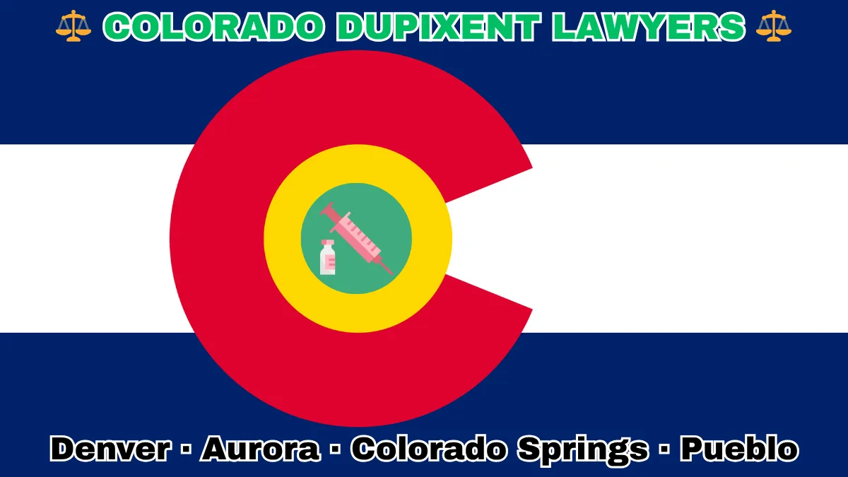 COLORADO DUPIXENT LAWYERS: Denver, Aurora, Colorado Springs, and Pueblo text on CO state flag adorned with a syringe and medical jar depicted near an old red "C" with a golden circle on blue and white stripes