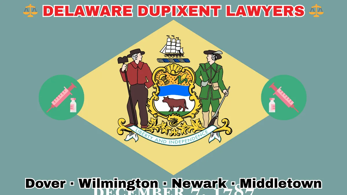 DELAWARE DUPIXENT LAWYERS: Dover, Wilmington, Newark, and Middletown text on DE state flag adorned with a syringe and medical jar depicted near a coat of arms and 1787 date