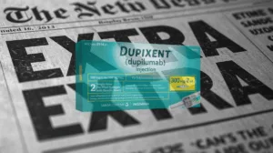 DUPIXENT (dupilumab) INJECTION package shown on newspaper print reading 