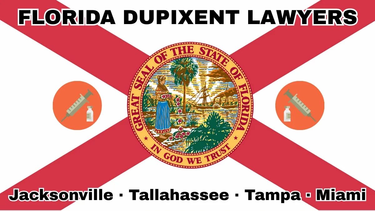 FLORIDA DUPIXENT LAWYERS: Jacksonville, Tallahassee, Tampa, and Miami text on FL state flag adorned with a syringe and medical jar depicted near a red cross and SEAL of a Seminole woman scattering flowers by a shoreline with a boat, palm trees, and sunlight.