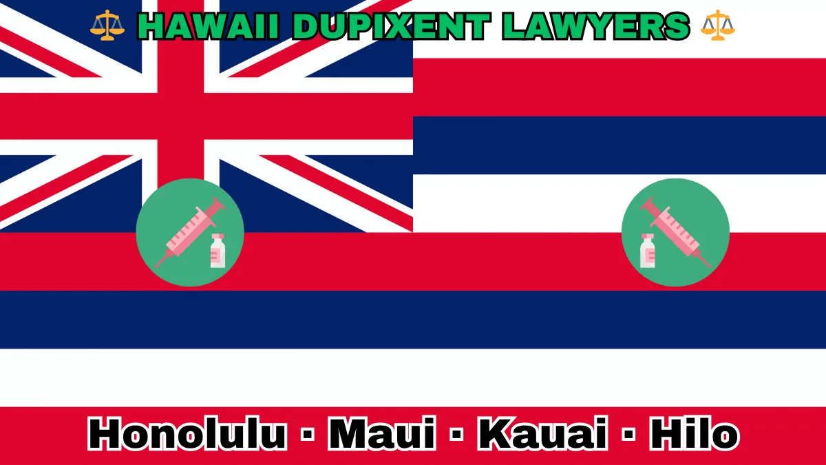 HAWAII DUPIXENT LAWYERS: Honolulu, Maui, Kauai, and Hilo text on HI state flag adorned with a syringe and medical jar depicted near a Union Jack featuring eight red, white, and blue stripes