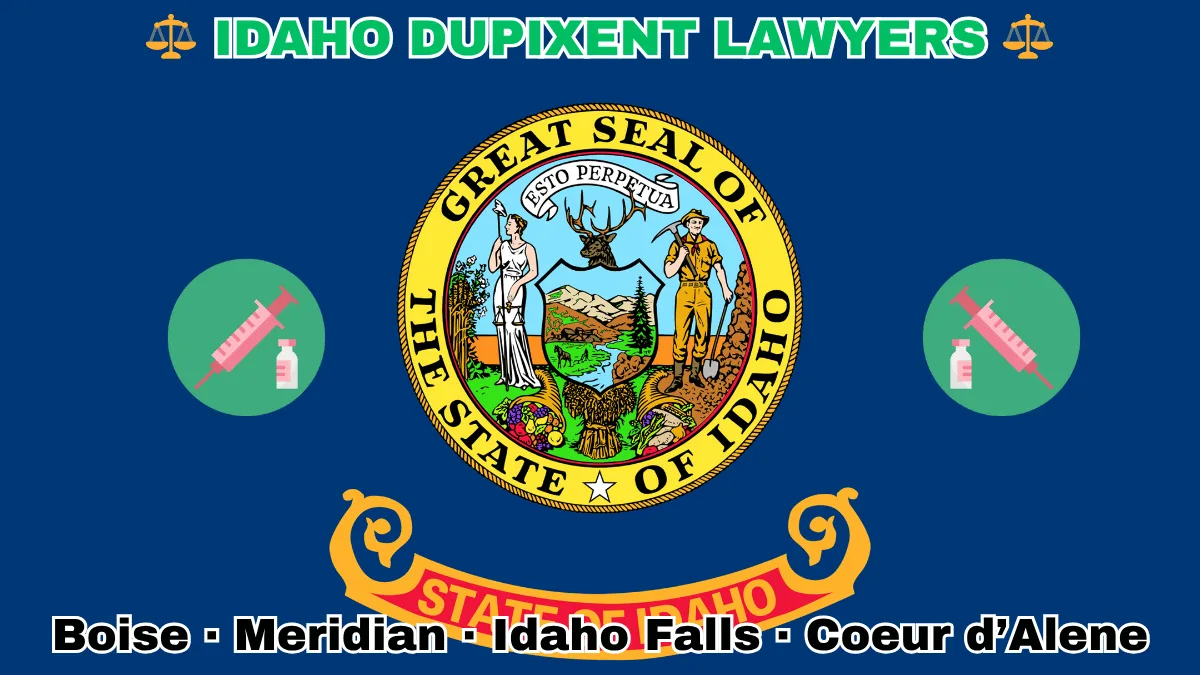 IDAHO DUPIXENT LAWYERS: Boise, Meridian, Idaho Falls, and Coeur d’Alene text on ID state flag adorned with a syringe and medical jar depicted on a blue field near the official seal and banner