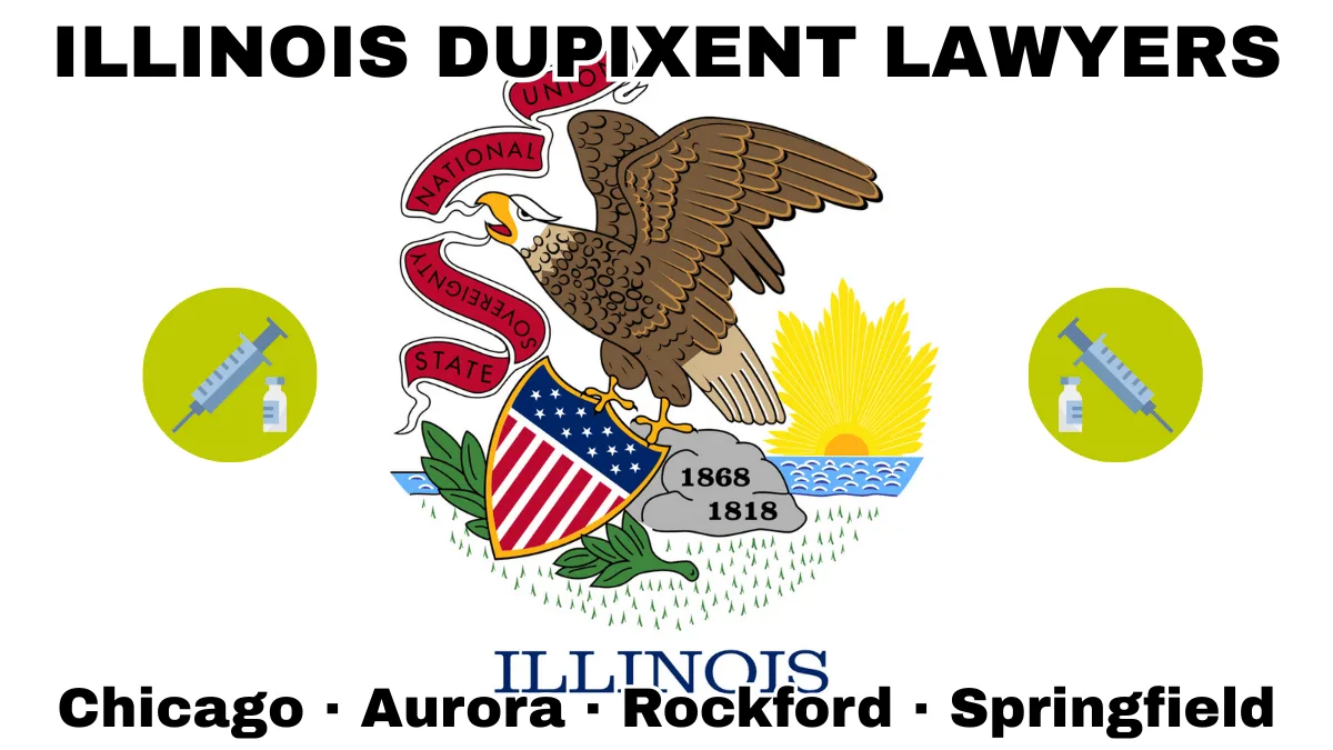 ILLINOIS DUPIXENT LAWYERS: Chicago, Aurora, Rockford, and Springfield text on IL state flag adorned with a syringe and medical jar depicted near a bald eagle perched on a rock and holding a shield, as the sun shines bright.