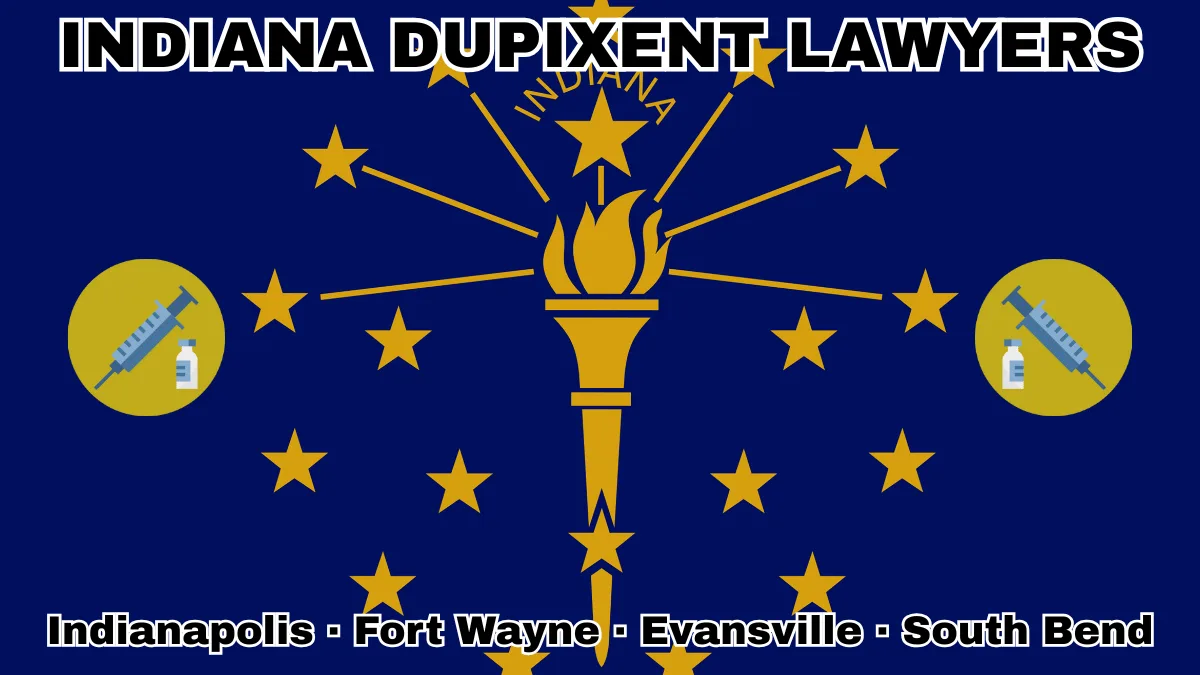 INDIANA DUPIXENT LAWYERS: Indianapolis, Fort Wayne, Evansville, and South Bend text on IN state flag adorned with a syringe and medical jar depicted near a gold torch and stars.