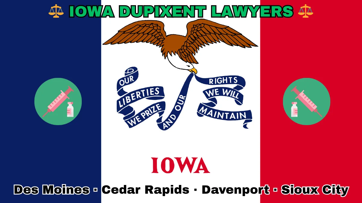 IOWA DUPIXENT LAWYERS: Boise, Meridian, Idaho Falls, Coeur d'Alene text on IA state flag adorned with a syringe and medical jar depicted along blue, white, and red vertical stripes near an eagle and banner