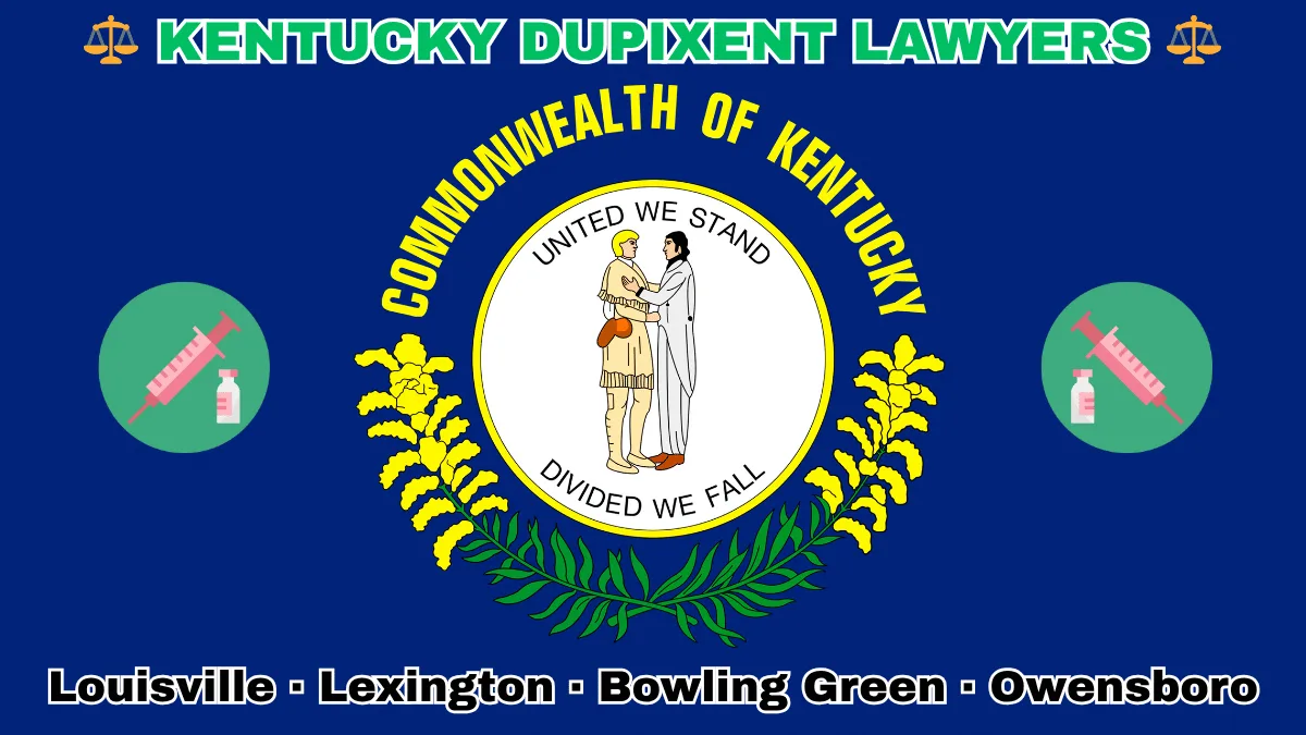 KENTUCKY DUPIXENT LAWYERS: Louisville, Lexington, Bowling Green, and Owensboro text on KY state flag adorned with a syringe and medical jar depicted on a blue field near the official seal and “UNITED WE STAND” motto