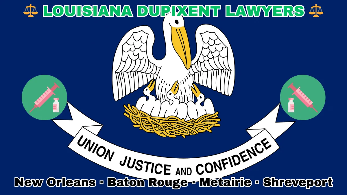 LOUISIANA DUPIXENT LAWYERS: New Orleans, Baton Rouge, Metairie, and Shreveport text on LA state flag adorned with a syringe and medical jar depicted near a pelican feeding chicks with motto “UNION, JUSTICE, CONFIDENCE"