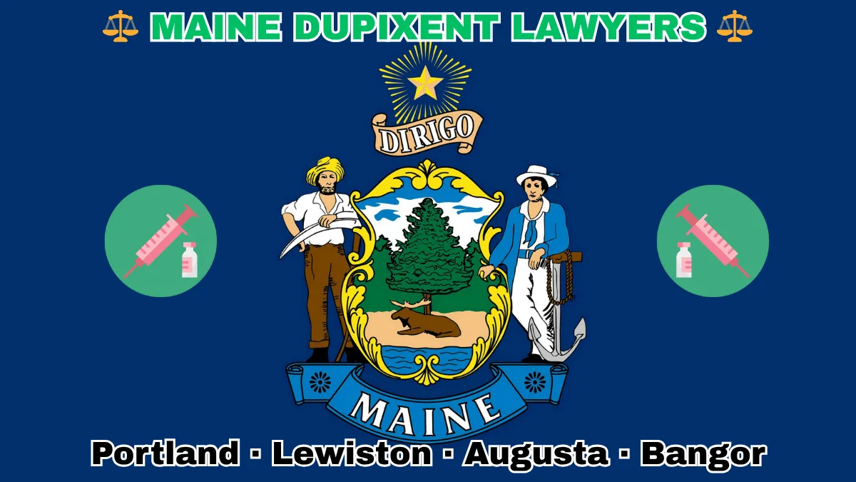 MAINE DUPIXENT LAWYERS: Portland, Lewiston, Augusta, and Bangor text on ME state flag adorned with a syringe and medical jar depicted on a blue field near a shield, pine tree, moose, and “DIRIGO” motto