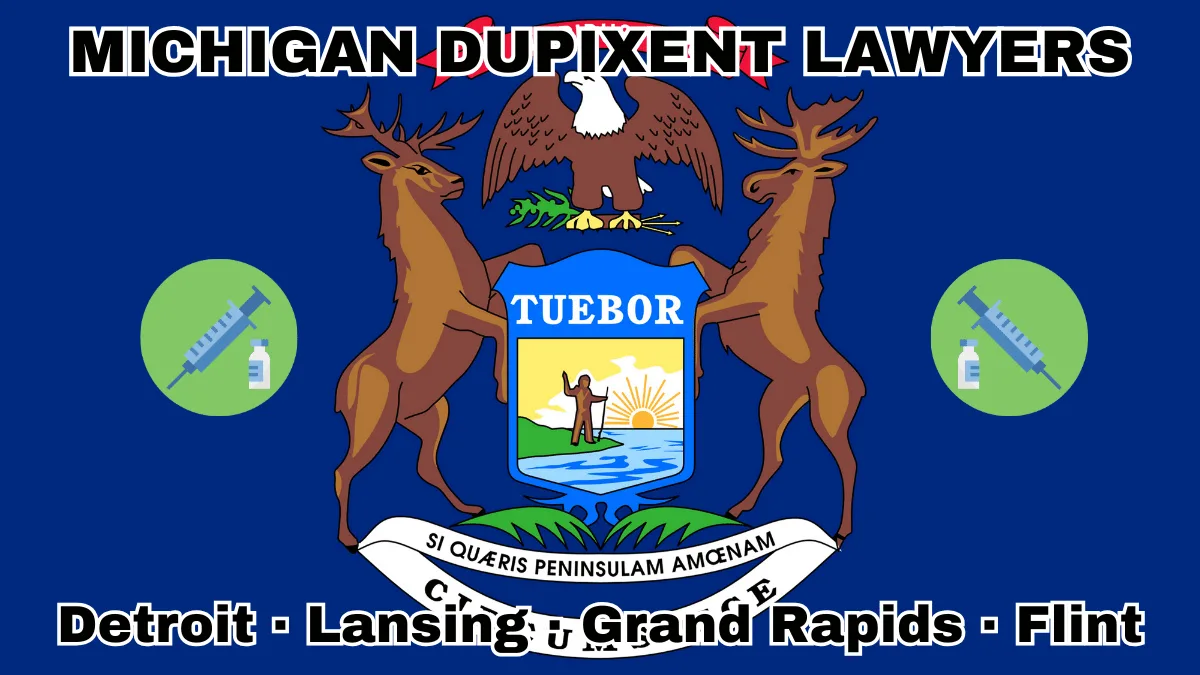 MICHIGAN DUPIXENT LAWYERS: Detroit, Lansing, Grand Rapids, and Flint text on MI state flag adorned with a syringe and medical jar depicted near an elk, moose and bald eagle flanking a shield featuring a man standing on a sunny lake with a raised hand and rifle.
