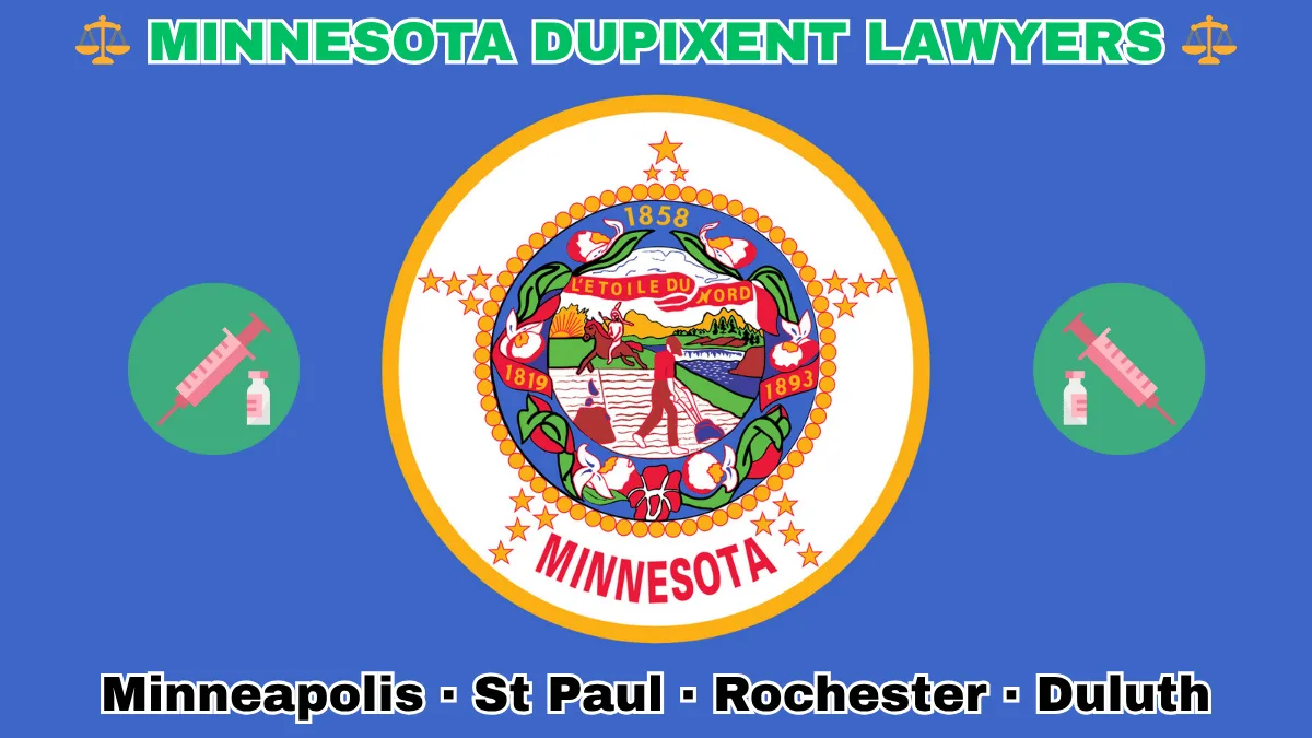 MINNESOTA DUPIXENT LAWYERS: Minneapolis, St Paul, Rochester, and Duluth text on MN state flag adorned with a syringe and medical jar depicted on blue background near the official seal featuring a wreath of pink-and-white lady’s slippers