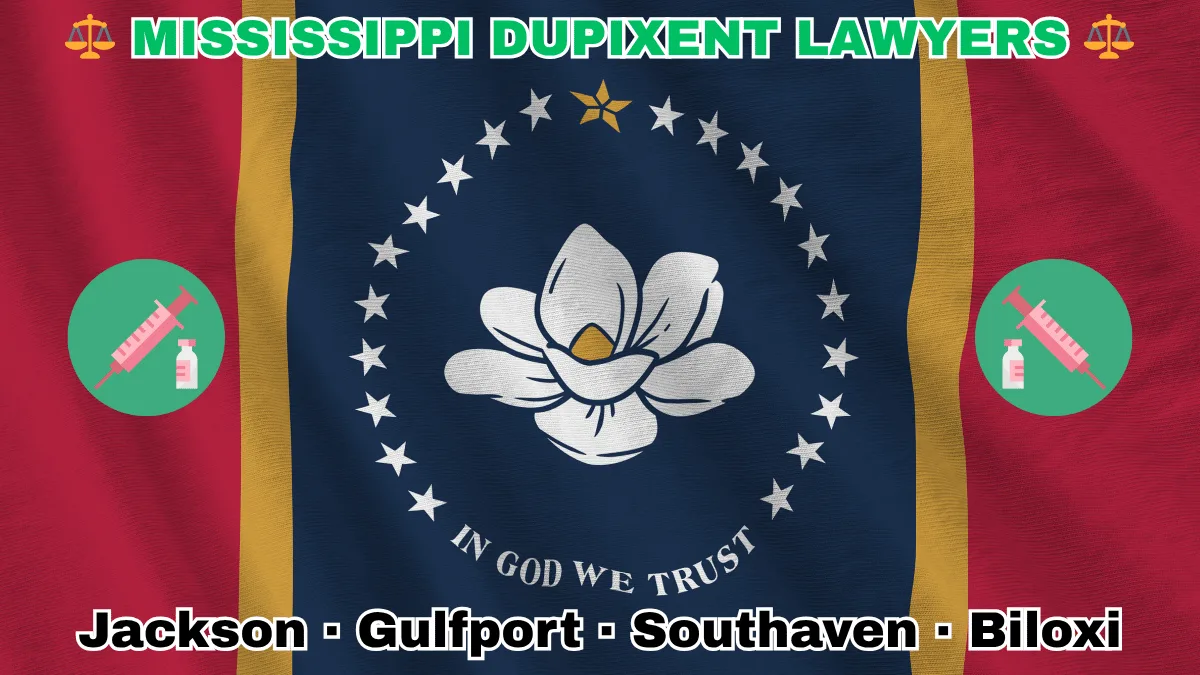 MISSISSIPPI DUPIXENT LAWYERS: Jackson, Gulfport, Southaven, and Biloxi text on MS state flag adorned with a syringe and medical jar depicted along red, gold, and blue stripes near magnolia blossom and stars
