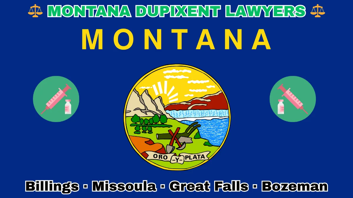 MONTANA DUPIXENT LAWYERS: Billings, Missoula, Great Falls, and Bozeman text on MT state flag adorned with a syringe and medical jar depicted on a blue field near official seal featuring a plow and mountains