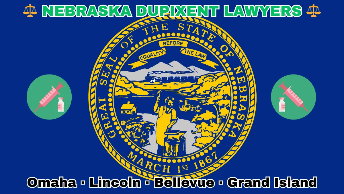 NEBRASKA DUPIXENT LAWYERS: Omaha, Lincoln, Bellevue, and Grand Island text on NE state flag adorned with a syringe and medical jar depicted on a dark blue field near the official seal in gold