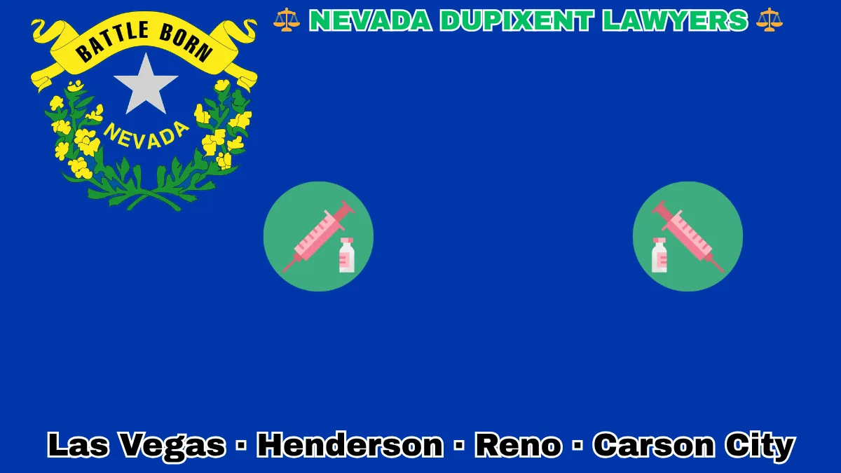 NEVADA DUPIXENT LAWYERS: Las Vegas, Henderson, Reno, and Carson City text on NV state flag adorned with a syringe and medical jar depicted on a blue field near a silver star and “BATTLE BORN” motto