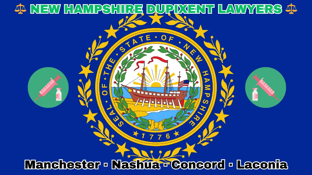 NEW HAMPSHIRE DUPIXENT LAWYERS: Manchester, Nashua, Concord, and Laconia text on NH state flag adorned with a syringe and medical jar depicted on blue field near a Portsmouth's frigate encircled by laurel leaves and stars