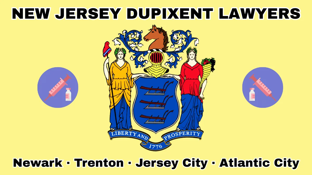 NEW JERSEY DUPIXENT LAWYERS: Newark, Trenton, Jersey City, and Atlantic City text on NJ state flag adorned with a syringe and medical jar depicted near a shield with three plows, the goddesses Liberty and Ceres, and a horse head.