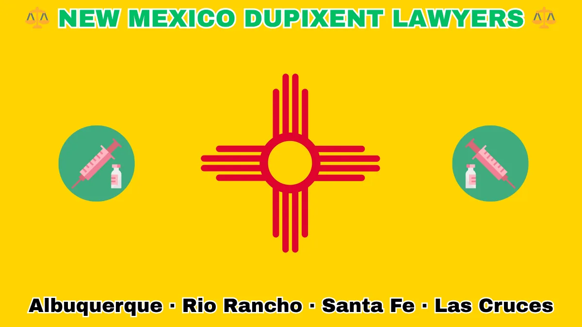 NEW MEXICO DUPIXENT LAWYERS: Albuquerque, Rio Rancho, Santa Fe, and Las Cruces text on NM state flag adorned with a syringe and medical jar depicted on a yellow background near a red Zia sun symbol