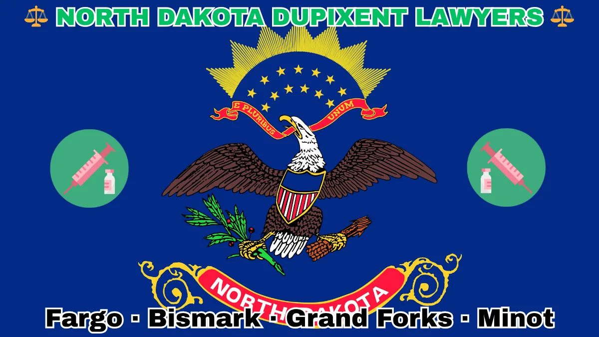 NORTH DAKOTA DUPIXENT LAWYERS: Fargo, Bismark, Grand Forks, and Minot text on ND state flag adorned with a syringe and medical jar depicted on a blue field near a bald eagle, ribbon, and shield.