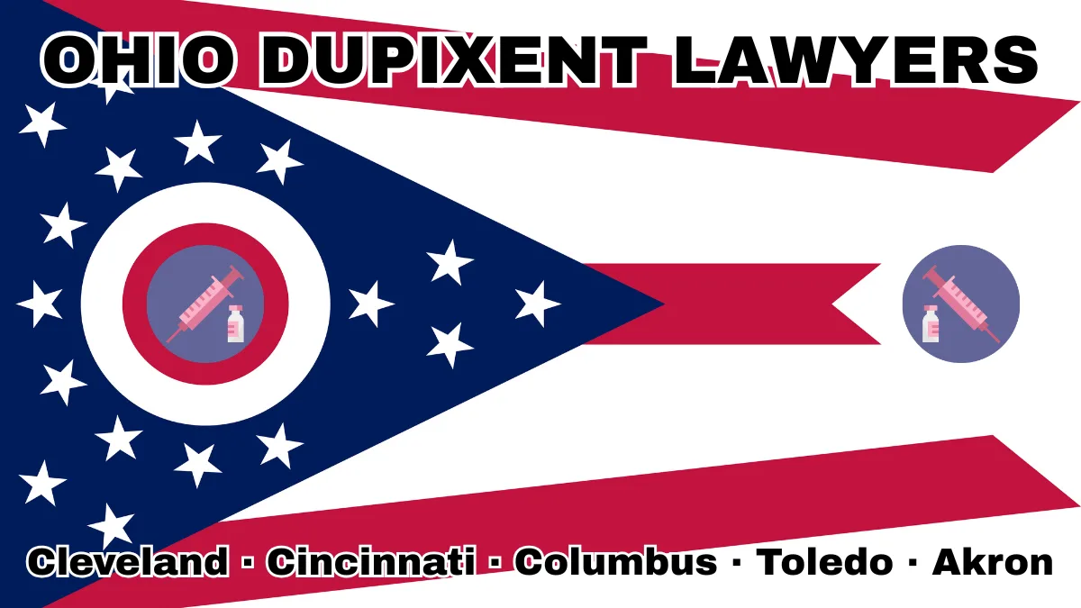 OHIO DUPIXENT LAWYERS: Cleveland, Cincinnati, Columbus, Toledo, and Akron text on OH state flag adorned with a syringe and medical jar depicted near a triangular swallowtail with red, white, and blue stripes and stars.