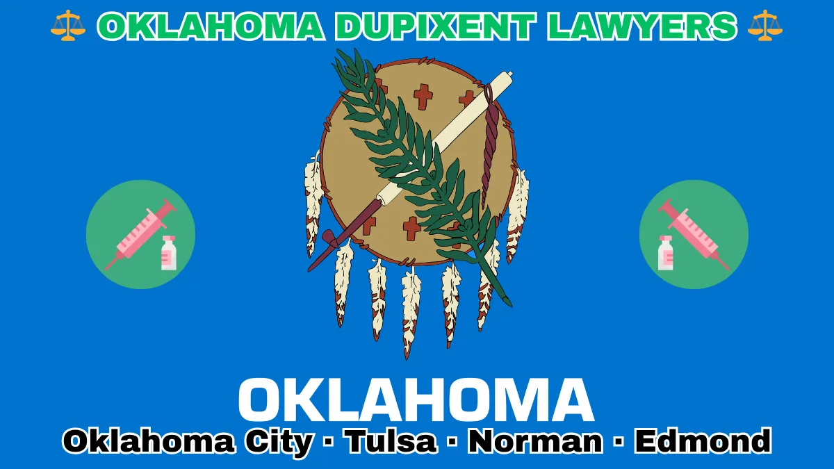 OKLAHOMA DUPIXENT LAWYERS: Oklahoma City, Tulsa, Norman, and Edmond text on OK state flag adorned with a syringe and medical jar depicted on a sky blue field near an Osage shield featuring an olive branch and peace pipe