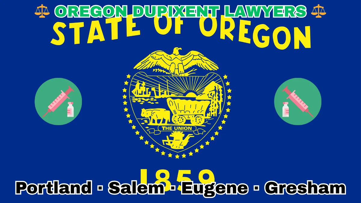 OREGON DUPIXENT LAWYERS: Portland, Salem, Eugene, and Gresham text on OR state flag adorned with a syringe and medical jar depicted on a blue field near a gold seal featuring a covered wagon, an eagle, mountains, and a setting sun, with the year 1859 below.