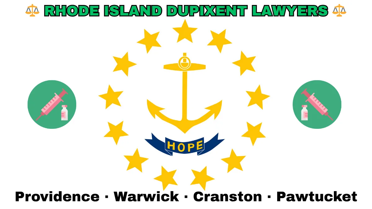 RHODE ISLAND DUPIXENT LAWYERS: Providence, Warwick, Cranston, and Pawtucket text on RI state flag adorned with a syringe and medical jar depicted on a white background near an anchor, gold stars, and “HOPE” motto