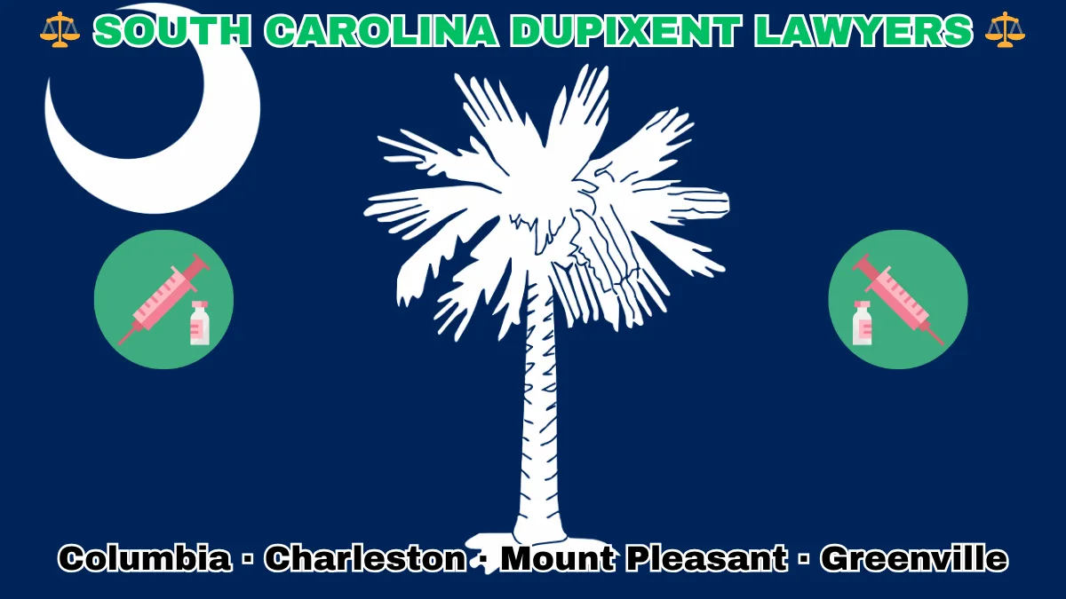 SOUTH CAROLINA DUPIXENT LAWYERS: Columbia, Charleston, Mount Pleasant, and Greenville text on SC state flag adorned with a syringe and medical jar depicted on a blue field near a white palmetto tree and crescent moon