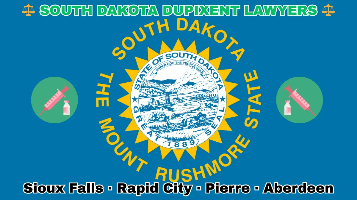 SOUTH DAKOTA DUPIXENT LAWYERS: Sioux Falls, Rapid City, Pierre, and Aberdeen text on SD state flag adorned with a syringe and medical jar depicted on a blue field near the official seal and words "THE MOUNT RUSHMORE STATE"