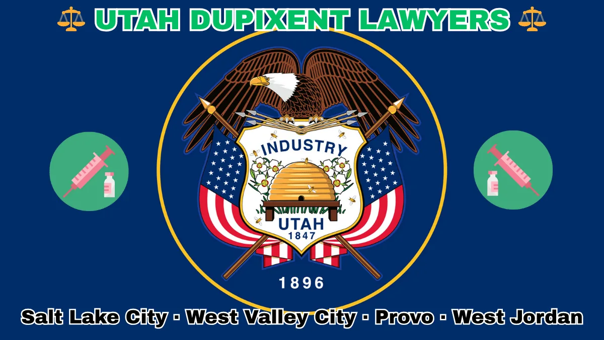 UTAH DUPIXENT LAWYERS: Salt Lake City, West Valley City, Provo, and West Jordan text on UT state flag adorned with a syringe and medical jar depicted on a blue field near a beehive, bald eagle, motto and date