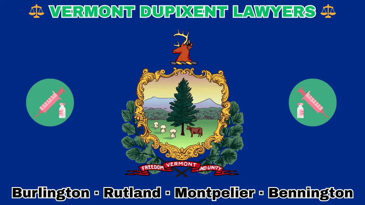 VERMONT DUPIXENT LAWYERS: Burlington, Rutland, Montpelier, and Bennington text on VT state flag adorned with a syringe and medical jar depicted on a blue field near the official coat of arms featuring a pine tree and cow