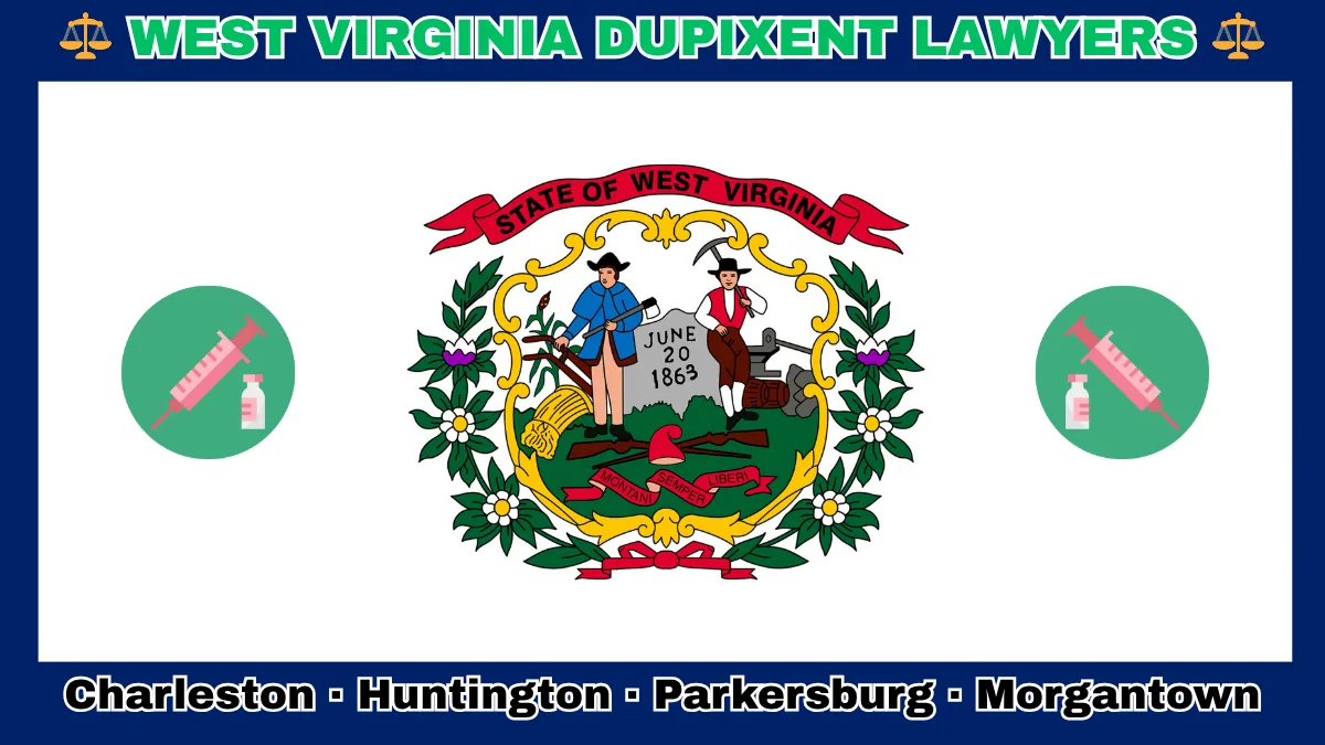 WEST VIRGINIA DUPIXENT LAWYERS: Charleston, Huntington, Parkersburg, and Morgantown text on WV state flag adorned with a syringe and medical jar depicted on a white field with blue border near the official seal encircled by rhododendrons